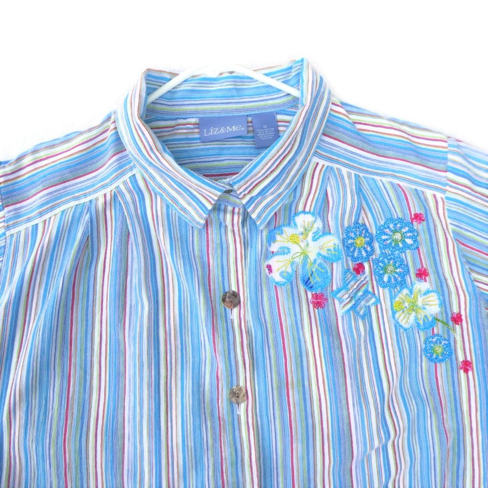 Liz & Me Liz Claiborne Shirt Gauze Rainbow Stripes Floral Embroidery 1X Plus - Picture 5 of 10